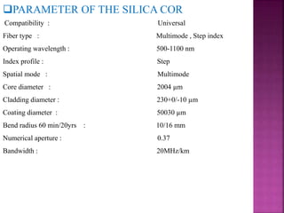 PARAMETER OF THE SILICA COR
Compatibility : Universal
Fiber type : Multimode , Step index
Operating wavelength : 500-1100 nm
Index profile : Step
Spatial mode : Multimode
Core diameter : 2004 µm
Cladding diameter : 230+0/-10 µm
Coating diameter : 50030 µm
Bend radius 60 min/20yrs : 10/16 mm
Numerical aperture : 0.37
Bandwidth : 20MHz/km
 
