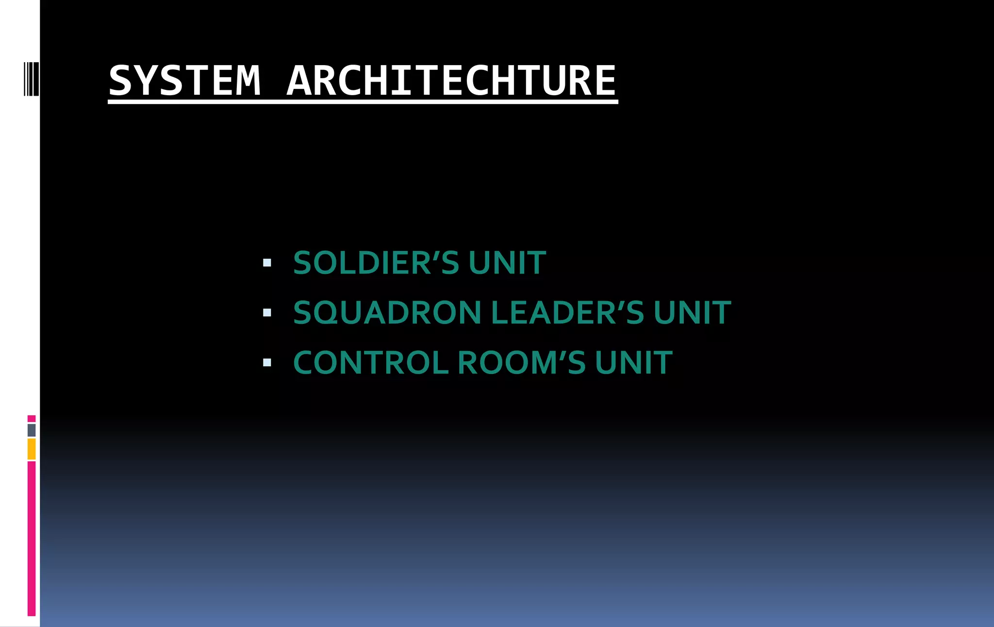 SYSTEM ARCHITECHTURE
▪ SOLDIER’S UNIT
▪ SQUADRON LEADER’S UNIT
▪ CONTROL ROOM’S UNIT
 