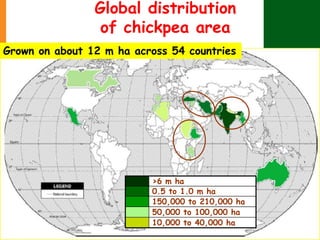 Global distribution
of chickpea area
Grown on about 12 m ha across 54 countries
>6 m ha
0.5 to 1.0 m ha
150,000 to 210,000...