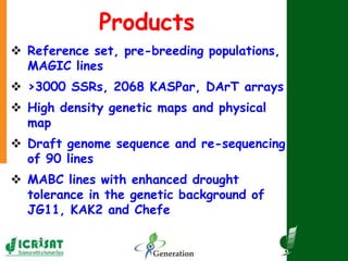 Products
 Reference set, pre-breeding populations,
MAGIC lines
 >3000 SSRs, 2068 KASPar, DArT arrays
 High density gene...