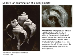 Olivia Parker, Whelks (from "Lost Objects
portfolio), 1980
Olivia Parker often produces intricate
still life photographs of natural
objects. The apparent simplicity of
her technique acts to emphasise the
complexity of these natural forms –
the hard shell which had at one time
contained the soft living creature, the
feather which once adorned the a
bird’s exterior.
Still life- an examination of similar objects
 
