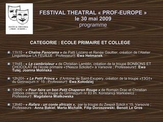 FESTIVAL THEATRAL « PROF-EUROPE » le  30 mai  200 9 programme CATEGORIE  :  ECOLE PRIMAIRE ET COLLEGE 11h10  -  «   Chaîne Panorama »   de Patti Lozano et Renée Gaultier, création de l’Atelier Linguistique LA FEUILLE  ;  Professeur :  Ewa Hetmanek 11h45  -  «  Le cambrioleur   »   de Christian Lamblin ,  création  de  la troupe BONBONS ET CHOCOLAT   de l’école primaire « Nasza Szkoła » à Varsovie  ;  Professeurs :  Ewa Tulej ,  Joanna Molińska 12h20  -  « Le Petit Prince »   d’Antoine de Saint-Exupery, création de la troupe « 3G » du   Gimnazjum n˚ 15  ;  Professeur :  Ewa Kołodziej 13h00  -  « Pour faire un bon Petit Chaperon Rouge »  de Romain Drac et Christian Jolibois   création de la troupe du Gimnazjum nr 83 im.   Konstancji Markiewicz  ;  Professeur :  Magdalena Miałkowska 13h40  -  « Rafara - un conte africain »,   par la troupe du Zespół Szkół n˚15, Varsovie  ;  Professeurs :  Anna Bakiel ,  Marta Michalik ,  Filip Doroszewski ,  Benoit Le Gros 