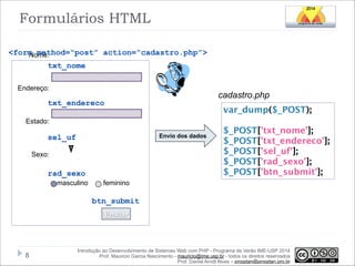 Formulários HTML
<form method=“post” action=“cadastro.php”>
Nome:
txt_nome
Endereço:

cadastro.php

txt_endereco

var_dump($_POST);

!

Estado:
Envio dos dados

sel_uf
Sexo:

rad_sexo
masculino

$_POST['txt_nome'];
$_POST['txt_endereco'];
$_POST['sel_uf'];
$_POST['rad_sexo'];
$_POST['btn_submit'];

feminino

btn_submit
Enviar

!8

Introdução ao Desenvolvimento de Sistemas Web com PHP - Programa de Verão IME-USP 2014
Prof. Mauricio Garcia Nascimento - mauricio@ime.usp.br - todos os direitos reservados 
Prof. Daniel Arndt Alves – progdan@progdan.pro.br

 