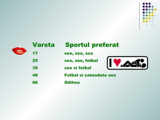 Varsta Sportul preferat
17 sex, sex, sex
25 sex, sex, fotbal
35 sex si fotbal
48 Fotbal si cateodata sex
66 Odihna
 