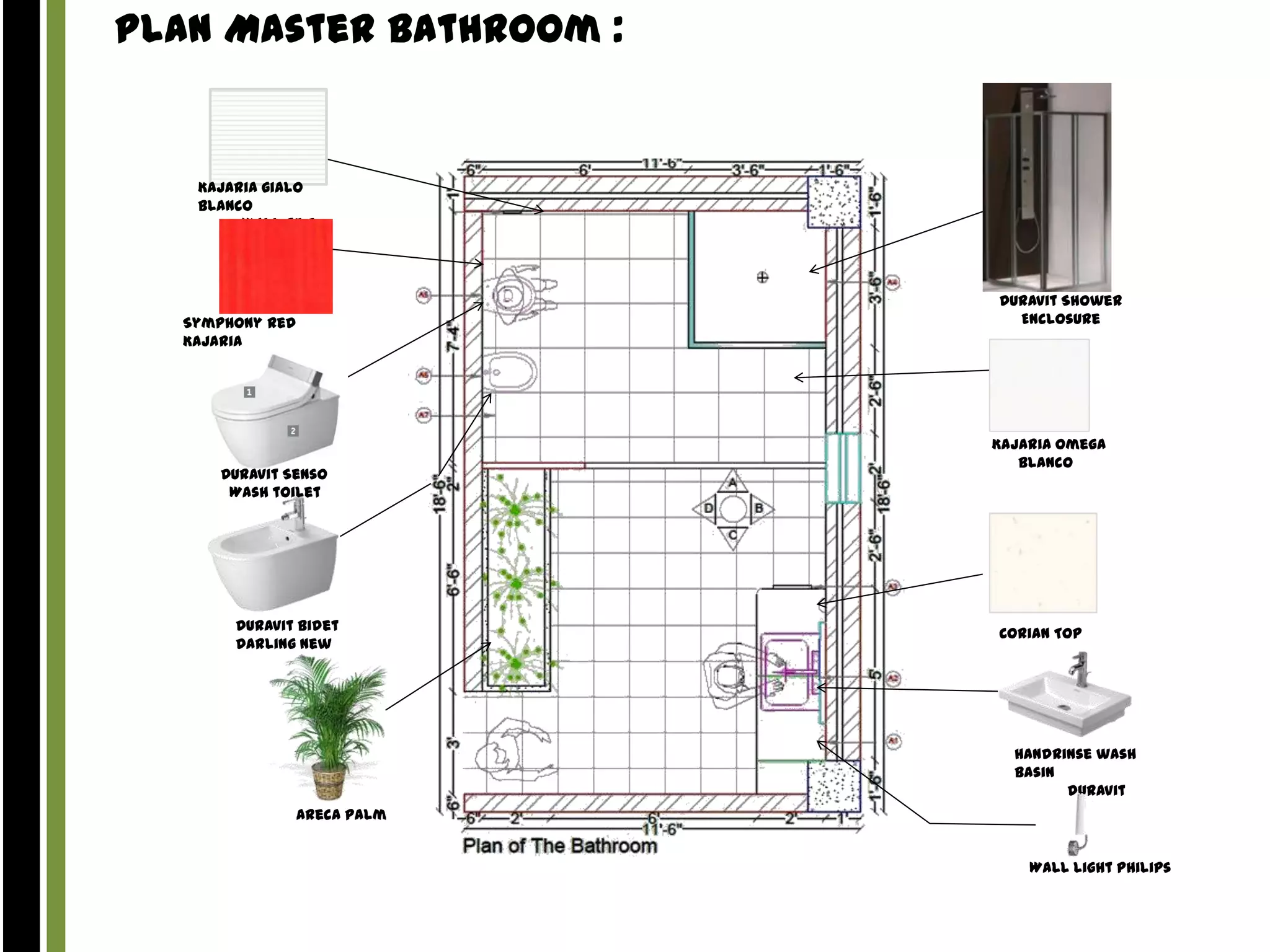 Plan Master Bathroom :

Kajaria gialo
blanco
Wall tile

Symphony Red
Kajaria
Wall highlighter

Duravit Senso
Wash toilet

Duravit Bidet
Darling New

Duravit Shower
Enclosure

Kajaria Omega
Blanco

Corian Top

Handrinse wash
basin
duravit
Areca Palm
Wall light philips

 
