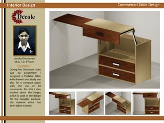 Interior Design

Vartika Khandelwal
M.Sc. I.D. 3rd sem.
Synopsis
During My Classroom Auto
Cad 3D assignment I
designed a Portable table
with drawers and study use
also for a compact space
with the use of 3d
commands. For this I also
studied about the hinges
which is used in the design
for the movable purpose.
the material which has
been taken is wood.

Commercial Table Design
Auto Cad 3D Assignments

 