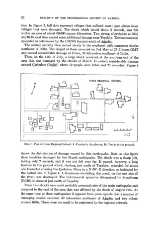 56 BULLETIN OF THE SEISMOLOGICAL SOCIETY OF AMERICA
tion. In Figure 3, full dots represent villages that suffered most; open circles show
villages that were damaged. The shock which lasted about 3 seconds, was felt
within an area of about 60,000 square kilometers. Two strong aftershoeks at 0357
and 0415 local time caused some additional damage near Tepek6y. The instrumental
epicenter as determined by the USCGS lies just south of A~gelin.
The seismic activity then moved slowly to the southeast with numerous shocks
southeast of Bitlis. The largest of these occurred on 2nd May at 2313 hours GMT
and caused considerable damage at Hizan, 35 kilometers southeast of Bitlis.
Then, on the 12th of July, a large shock occurred at the southern end of the
area that was damaged by the shocks of March. It caused considerable damage
around ~arbuhur (Ba~i~i) where 12 people were killed and 20 wounded. Figure 4
N
/
HINIS REGIONAL SCHOOL
i
~----- T..... A
---B
FIG. 7. Plan of Hmls Regional School. A: Cracks in the plaster; B: Cracks in the ground.
shows the distribution of damage caused by this earthquake. Dots on this figure
show localities damaged by the March earthquake. The shock was a sharp jolt,
lasting only 2 seconds, and it was not felt very far. It caused, however, a long
fracture in the ground which, starting just north of TepekSy, extended for about
one kilometer crossing the ~arbuhur River in a N 60°-E direction, as indicated by
the dashed line in Figure 4. A farmhouse straddling this crack, on the east side of
the river, was destroyed. The instrumental epicenter determined by Strasbourg
(BCIS) is situated just north of Tepek6y.
These two shocks were most probably premonitories of the main earthquake and
occurred to the east of the area that was affected by the shock of August 19th. At
the same time as these earthquakes it appears from press-reports that a number of
damaging shocks occurred 50 kilometers northeast of A~gelin and two others
around Bitlis. These were too small to be registered by the regional network.
 