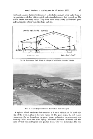 VARTO USTUKRAN EARTHQUAKE OF 19 AUGUST 1966 67
reinforced concrete flat roof with respect to the hollow cement brick walls. Some of
the partition walls had disintegrated and unbonded corners had opened up. The
hollow bricks were very heavy. They were made with a very poor cement paste
and had cavities which varied in shape and size.
VARTO REGIONAL SCHOOL
i
.~,~,~.~ 2' ~ Fs !
2:-, ....
0 t 2 3 4 5 m
RECREATION HALL
FIG. 18. Recreation Hall. Mode of collapse of reinforced concrete frames.
FIG. 19. Varto Regional School. Recreation Hall destroyed.
A regional school, similar to that inspected in Hires is situated on the north-east
edge of the town. A plan is shown in Figure 16. The guest-house, the rest rooms,
class-rooms, the ten bungalows, the pump house, and part of the restaurant were
one-story brick structures with lightly reinforced concrete tie-beams and roof
slabs covered with corrugated iron pitched roots. The two dormitories, the resi-
 