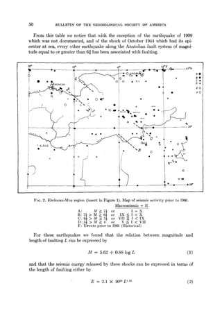 50 BULLE~:[N~'OF' THE" ~EISMOLO'GICAL SOCIETY OF AMEI:~ICA_"
From this table we notice that ~th the exception of the earthquake of 1909
which was not documented, and of the shock of October 1944 which had its epi-
center at sea, every other earthquake along the Anatolian fault system of magni-
tude equal to or greater than 6} has been associated with faulting.
39 ° 40= 41°
• ~- o eo
• • RCLNCAN " C %%~ O O
• Oo •
I ¸ !
tT
I •
oo
. e6 oO• •
• • • • • % •
• %'%B 0
42°E
"t."I.
e
%
39 °
® L, w~
%
0
0 oO
AO
Be
C •
D *
E®
FO
FIG. 2. Ercincan-Mus region (insert in Figure 1). Map of seismic activity prior to 1966.
Macroseismic = E
A: M >- 7½ or I = X
B: 7{ > M > 6} or IX ~ I < X
C: 6} > M > 5½ or VII ~ I < IX
D:5½ > M > 4 or V < I < VII
F: Events prior to 1901 (Historical)
For these earthquakes we found that the relation between magnitude and
length of faulting L can be expressed by
M = 5.62 + 0.88 log L (1)
and that the seismic energy released by these shocks can be expressed in terms of
the length of faulting either by
E = 2.1 X 1020L '~6 (2)
 