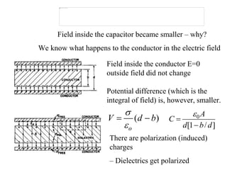 Field inside the capacitor became smaller – why?
There are polarization (induced)
charges
– Dielectrics get polarized
We know what happens to the conductor in the electric field
Field inside the conductor E=0
outside field did not change
Potential difference (which is the
integral of field) is, however, smaller.
( )
o
V d b


  0
[1 / ]
A
C
d b d



 