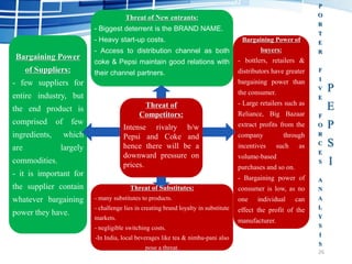 26
P
O
R
T
E
R
F
I
V
E
F
O
R
C
E
S
A
N
A
L
Y
S
I
S
Threat of
Competitors:
Intense rivalry b/w
Pepsi and Coke and
hence there will be a
downward pressure on
prices.
Threat of New entrants:
- Biggest deterrent is the BRAND NAME.
- Heavy start-up costs.
- Access to distribution channel as both
coke & Pepsi maintain good relations with
their channel partners.
Bargaining Power of
buyers:
- bottlers, retailers &
distributors have greater
bargaining power than
the consumer.
- Large retailers such as
Reliance, Big Bazaar
extract profits from the
company through
incentives such as
volume-based
purchases and so on.
- Bargaining power of
consumer is low, as no
one individual can
effect the profit of the
manufacturer.
Bargaining Power
of Suppliers:
- few suppliers for
entire industry, but
the end product is
comprised of few
ingredients, which
are largely
commodities.
- it is important for
the supplier contain
whatever bargaining
power they have.
Threat of Substitutes:
- many substitutes to products.
- challenge lies in creating brand loyalty in substitute
markets.
- negligible switching costs.
-In India, local beverages like tea & nimbu-pani also
pose a threat.
P
E
P
S
I
 