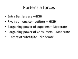 Porter’s 5 forces Entry Barriers are –HIGH Rivalry among competitors – HIGH Bargaining power of suppliers – Moderate Bargaining power of Consumers – Moderate Threat of substitute - Moderate 