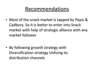 Recommendations Most of the snack market is tapped by Pepsi & Cadbury. So it is better to enter into Snack market with help of strategic alliance with any market follower By following growth strategy with Diversification strategy Utilizing its distribution channels 
