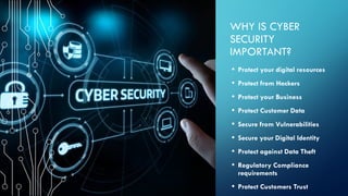 WHY IS CYBER
SECURITY
IMPORTANT?
• Protect your digital resources
• Protect from Hackers
• Protect your Business
• Protect Customer Data
• Secure from Vulnerabilities
• Secure your Digital Identity
• Protect against Data Theft
• Regulatory Compliance
requirements
• Protect Customers Trust
 
