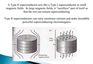 A Type II superconductor acts like a Type I superconductor in small
magnetic fields. In large magnetic fields, it “sacrifices” part of itself so
that the rest can remain superconducting.
Type II superconductors can carry enormous currents and make incredibly
powerful superconducting electromagnets.
 