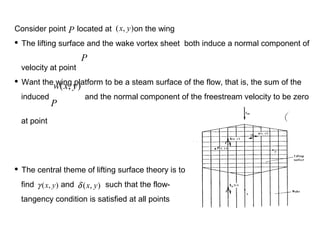 Consider point located at on the wing
 The lifting surface and the wake vortex sheet both induce a normal component of
velocity at point
 Want the wing platform to be a steam surface of the flow, that is, the sum of the
induced and the normal component of the freestream velocity to be zero
at point
P ),( yx
P
),( yxw
P
),( yxγ
 The central theme of lifting surface theory is to
find and such that the flow-
tangency condition is satisfied at all points
),( yxδ
 