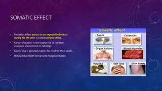 SOMATIC EFFECT
• Radiation effect occurs on an exposed individual
during his life time is called somatic effect .
• Cancer induction is the largest risk of radiation
exposure encountered in radiology.
• Cancer risk is generally higher for children than adults.
• It may induce both benign and malignant tumor.
 