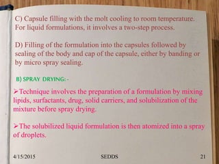C) Capsule filling with the molt cooling to room temperature.
For liquid formulations, it involves a two-step process.
D) Filling of the formulation into the capsules followed by
sealing of the body and cap of the capsule, either by banding or
by micro spray sealing.
B) SPRAY DRYING:-
Technique involves the preparation of a formulation by mixing
lipids, surfactants, drug, solid carriers, and solubilization of the
mixture before spray drying.
The solubilized liquid formulation is then atomized into a spray
of droplets.
4/15/2015 21SEDDS
 