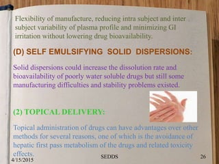 Flexibility of manufacture, reducing intra subject and inter
subject variability of plasma profile and minimizing GI
irritation without lowering drug bioavailability.
(D) SELF EMULSIFYING SOLID DISPERSIONS:
Solid dispersions could increase the dissolution rate and
bioavailability of poorly water soluble drugs but still some
manufacturing difficulties and stability problems existed.
(2) TOPICAL DELIVERY:
Topical administration of drugs can have advantages over other
methods for several reasons, one of which is the avoidance of
hepatic first pass metabolism of the drugs and related toxicity
effects.
4/15/2015
26SEDDS
 