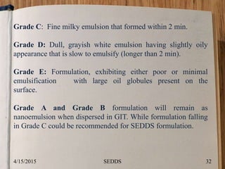 Grade C: Fine milky emulsion that formed within 2 min.
Grade D: Dull, grayish white emulsion having slightly oily
appearance that is slow to emulsify (longer than 2 min).
Grade E: Formulation, exhibiting either poor or minimal
emulsification with large oil globules present on the
surface.
Grade A and Grade B formulation will remain as
nanoemulsion when dispersed in GIT. While formulation falling
in Grade C could be recommended for SEDDS formulation.
4/15/2015 32SEDDS
 
