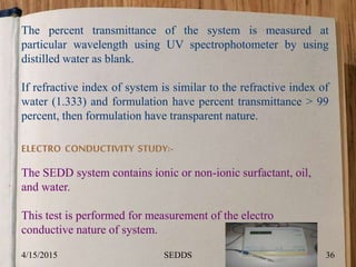 The percent transmittance of the system is measured at
particular wavelength using UV spectrophotometer by using
distilled water as blank.
If refractive index of system is similar to the refractive index of
water (1.333) and formulation have percent transmittance > 99
percent, then formulation have transparent nature.
ELECTRO CONDUCTIVITY STUDY:-
The SEDD system contains ionic or non-ionic surfactant, oil,
and water.
This test is performed for measurement of the electro
conductive nature of system.
4/15/2015 36SEDDS
 