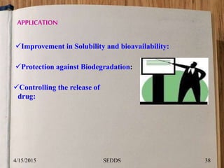 APPLICATION
Improvement in Solubility and bioavailability:
Protection against Biodegradation:
Controlling the release of
drug:
4/15/2015 38SEDDS
 