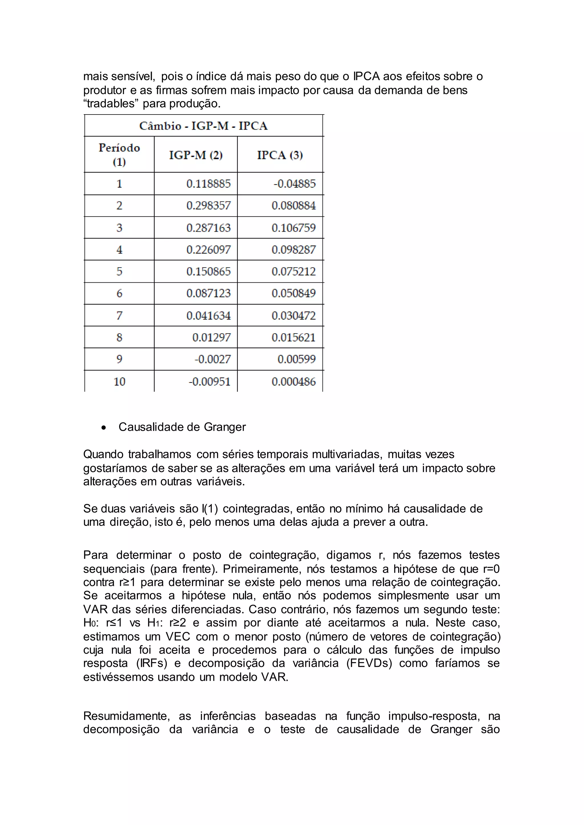 mais sensível, pois o índice dá mais peso do que o IPCA aos efeitos sobre o
produtor e as firmas sofrem mais impacto por causa da demanda de bens
“tradables” para produção.
 Causalidade de Granger
Quando trabalhamos com séries temporais multivariadas, muitas vezes
gostaríamos de saber se as alterações em uma variável terá um impacto sobre
alterações em outras variáveis.
Se duas variáveis são I(1) cointegradas, então no mínimo há causalidade de
uma direção, isto é, pelo menos uma delas ajuda a prever a outra.
Para determinar o posto de cointegração, digamos r, nós fazemos testes
sequenciais (para frente). Primeiramente, nós testamos a hipótese de que r=0
contra r≥1 para determinar se existe pelo menos uma relação de cointegração.
Se aceitarmos a hipótese nula, então nós podemos simplesmente usar um
VAR das séries diferenciadas. Caso contrário, nós fazemos um segundo teste:
H0: r≤1 vs H1: r≥2 e assim por diante até aceitarmos a nula. Neste caso,
estimamos um VEC com o menor posto (número de vetores de cointegração)
cuja nula foi aceita e procedemos para o cálculo das funções de impulso
resposta (IRFs) e decomposição da variância (FEVDs) como faríamos se
estivéssemos usando um modelo VAR.
Resumidamente, as inferências baseadas na função impulso-resposta, na
decomposição da variância e o teste de causalidade de Granger são
 