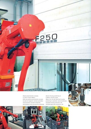 (Sopra) posizionamento carcassa                      (Above) Housing positioning on
su centro di lavoro Makino.                          a Makino machine center.
(Sotto da sinistra) posizionamento carcassa          (Below from the left) Machined housing
lavorata nel magazzino verticale automatico;         positioning in automatic verical storehouse;
isola lavorazione carcassa robotizzata;              robotized housing production cell;
isola dentatura ruote vite senza fine robotizzata.   robotized gearcutter production cell.
 