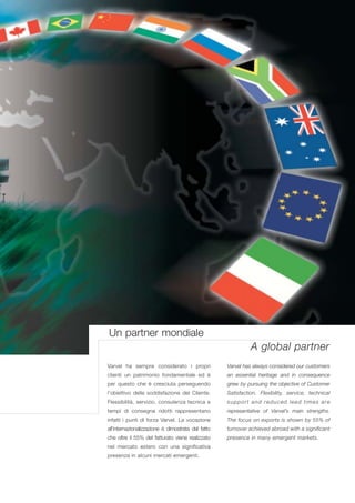 Un partner mondiale
                                                              A global partner
Varvel ha sempre considerato i propri               Varvel has always considered our customers
clienti un patrimonio fondamentale ed è             an essential heritage and in consequence
per questo che è cresciuta perseguendo              grew by pursuing the objective of Customer
l’obiettivo della soddisfazione del Cliente.        Satisfaction. Flexibility, service, technical
Flessibilità, servizio, consulenza tecnica e        support and reduced lead times are
tempi di consegna ridotti rappresentano             representative of Varvel’s main strengths.
infatti i punti di forza Varvel. La vocazione       The focus on exports is shown by 55% of
all’internazionalizzazione è dimostrata dal fatto   turnover achieved abroad with a significant
che oltre il 55% del fatturato viene realizzato     presence in many emergent markets.
nel mercato estero con una significativa
presenza in alcuni mercati emergenti.
 
