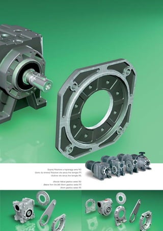 (Sopra) Riduttore a ingranaggi serie RD.
(Sotto da sinistra) Riduttore vite senza fine famiglia RT;
                   riduttore vite senza fine famiglia RS.


                      (Above) Helical gearbox series RD.
          (Below from the left) Worm gearbox series RT;
                               Worm gearbox series RS.
 