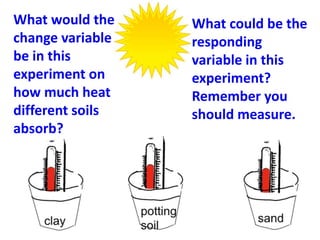 What would the    What could be the
change variable   responding
be in this        variable in this
experiment on     experiment?
how much heat     Remember you
different soils   should measure.
absorb?
 