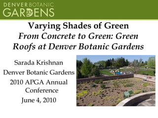Varying Shades of Green From Concrete to Green: Green Roofs at Denver Botanic Gardens ,[object Object],[object Object],[object Object],[object Object]