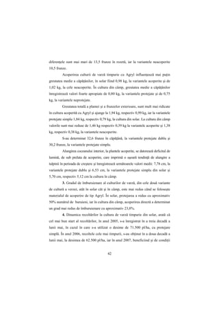 diferenŃele sunt mai mari de 13,5 frunze în rozetă, iar la variantele neacoperite
10,5 frunze.
         Acoperirea culturii de varză timpurie cu Agryl influenŃează mai puŃin
greutatea medie a căpăŃânilor, în solar fiind 0,98 kg, la variantele acoperite şi de
1,02 kg, la cele neacoperite. În cultura din câmp, greutatea medie a căpăŃânilor
înregistrează valori foarte apropiate de 0,80 kg, la variantele protejate şi de 0,75
kg, la variantele neprotejate.
         Greutatea totală a plantei şi a frunzelor exterioare, sunt mult mai ridicate
în cultura acoperită cu Agryl şi ajunge la 1,94 kg, respectiv 0,99 kg, iar la variantele
protejate simplu 1,84 kg, respectiv 0,79 kg, la cultura din solar. La cultura din câmp
valorile sunt mai reduse de 1,46 kg respectiv 0,39 kg la variantele acoperite şi 1,38
kg, respectiv 0,38 kg, la variantele neacoperite.
         S-au determinat 32,6 frunze în căpăŃână, la variantele protejate dublu şi
30,2 frunze, la variantele protejate simplu.
         Alungirea coceanului interior, la plantele acoperite, se datorează deficitul de
lumină, de sub prelata de acoperire, care imprimă o uşoară tendinŃă de alungire a
tulpinii în perioada de creştere şi înregistrează următoarele valori medii: 7,78 cm, la
variantele protejate dublu şi 6,53 cm, la variantele protejate simplu din solar şi
5,70 cm, respectiv 5,12 cm la cultura în câmp.
         3. Gradul de îmburuienare al culturilor de varză, din cele două variante
de cultură a verzei, atât în solar cât şi în câmp, este mai redus când se foloseşte
materialul de acoperire de tip Agryl. În solar, protejarea a redus cu aproximativ
50% numărul de buruieni, iar în cultura din câmp, acoperirea directă a determinat
un grad mai redus de îmburuienare cu aproximativ 23,8%.
         4. Dinamica recoltărilor la cultura de varză timpurie din solar, arată că
cel mai bun start al recoltărilor, în anul 2005, s-a înregistrat în a treia decadă a
lunii mai, în cazul în care s-a utilizat o desime de 71.500 pl/ha, cu protejare
simplă. În anul 2006, recoltele cele mai timpurii, s-au obŃinut în a doua decadă a
lunii mai, la desimea de 62.500 pl/ha, iar în anul 2007, beneficiind şi de condiŃii


                                          42
 