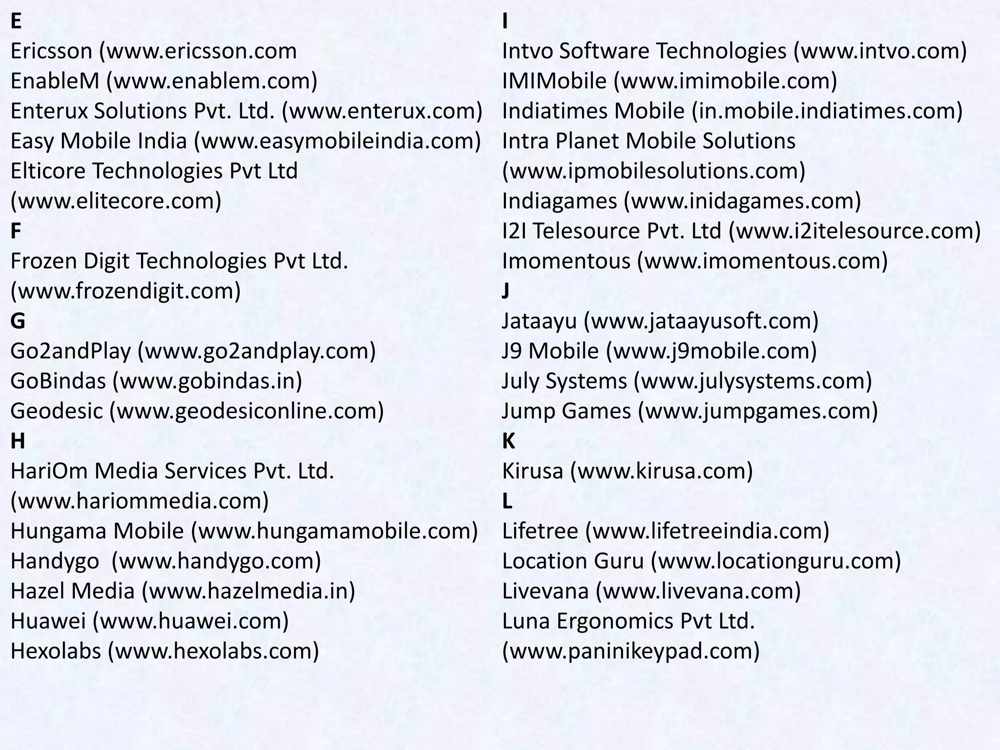 E                                               I
Ericsson (www.ericsson.com                      Intvo Software Technologies (www.intvo.com)
EnableM (www.enablem.com)                       IMIMobile (www.imimobile.com)
Enterux Solutions Pvt. Ltd. (www.enterux.com)   Indiatimes Mobile (in.mobile.indiatimes.com)
Easy Mobile India (www.easymobileindia.com)     Intra Planet Mobile Solutions
Elticore Technologies Pvt Ltd                   (www.ipmobilesolutions.com)
(www.elitecore.com)                             Indiagames (www.inidagames.com)
F                                               I2I Telesource Pvt. Ltd (www.i2itelesource.com)
Frozen Digit Technologies Pvt Ltd.              Imomentous (www.imomentous.com)
(www.frozendigit.com)                           J
G                                               Jataayu (www.jataayusoft.com)
Go2andPlay (www.go2andplay.com)                 J9 Mobile (www.j9mobile.com)
GoBindas (www.gobindas.in)                      July Systems (www.julysystems.com)
Geodesic (www.geodesiconline.com)               Jump Games (www.jumpgames.com)
H                                               K
HariOm Media Services Pvt. Ltd.                 Kirusa (www.kirusa.com)
(www.hariommedia.com)                           L
Hungama Mobile (www.hungamamobile.com)          Lifetree (www.lifetreeindia.com)
Handygo (www.handygo.com)                       Location Guru (www.locationguru.com)
Hazel Media (www.hazelmedia.in)                 Livevana (www.livevana.com)
Huawei (www.huawei.com)                         Luna Ergonomics Pvt Ltd.
Hexolabs (www.hexolabs.com)                     (www.paninikeypad.com)
 