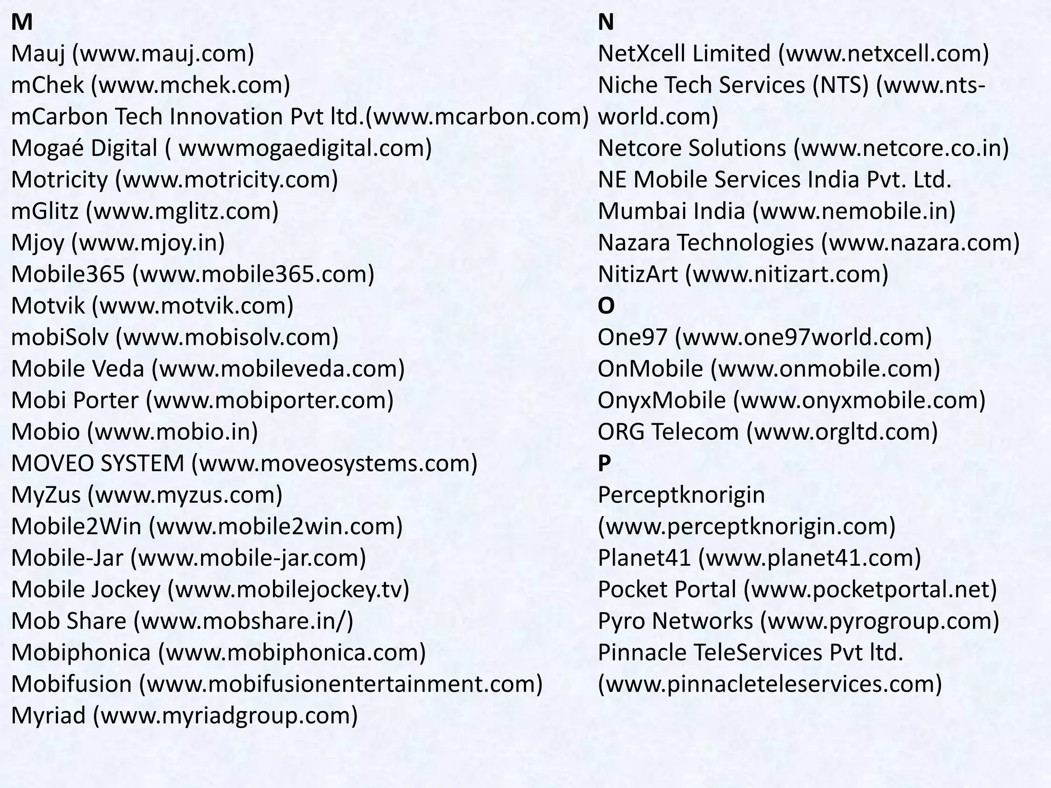 M                                                 N
Mauj (www.mauj.com)                               NetXcell Limited (www.netxcell.com)
mChek (www.mchek.com)                             Niche Tech Services (NTS) (www.nts-
mCarbon Tech Innovation Pvt ltd.(www.mcarbon.com) world.com)
Mogaé Digital ( wwwmogaedigital.com)              Netcore Solutions (www.netcore.co.in)
Motricity (www.motricity.com)                     NE Mobile Services India Pvt. Ltd.
mGlitz (www.mglitz.com)                           Mumbai India (www.nemobile.in)
Mjoy (www.mjoy.in)                                Nazara Technologies (www.nazara.com)
Mobile365 (www.mobile365.com)                     NitizArt (www.nitizart.com)
Motvik (www.motvik.com)                           O
mobiSolv (www.mobisolv.com)                       One97 (www.one97world.com)
Mobile Veda (www.mobileveda.com)                  OnMobile (www.onmobile.com)
Mobi Porter (www.mobiporter.com)                  OnyxMobile (www.onyxmobile.com)
Mobio (www.mobio.in)                              ORG Telecom (www.orgltd.com)
MOVEO SYSTEM (www.moveosystems.com)               P
MyZus (www.myzus.com)                             Perceptknorigin
Mobile2Win (www.mobile2win.com)                   (www.perceptknorigin.com)
Mobile-Jar (www.mobile-jar.com)                   Planet41 (www.planet41.com)
Mobile Jockey (www.mobilejockey.tv)               Pocket Portal (www.pocketportal.net)
Mob Share (www.mobshare.in/)                      Pyro Networks (www.pyrogroup.com)
Mobiphonica (www.mobiphonica.com)                 Pinnacle TeleServices Pvt ltd.
Mobifusion (www.mobifusionentertainment.com)      (www.pinnacleteleservices.com)
Myriad (www.myriadgroup.com)
 