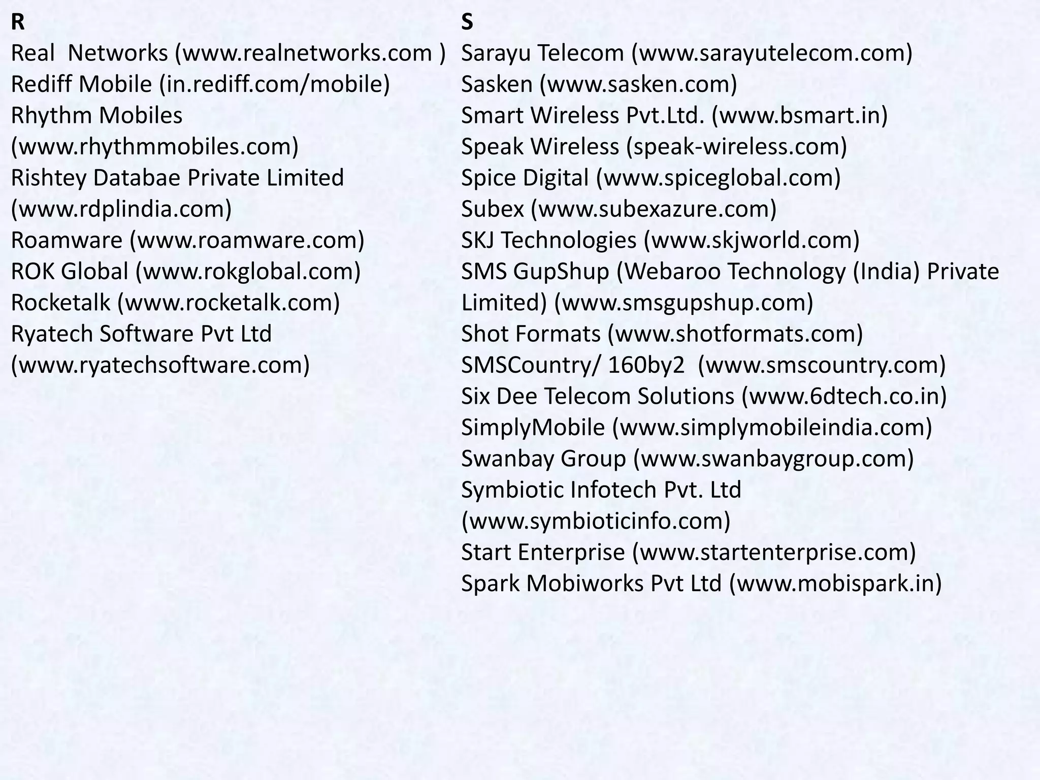 R                                       S
Real Networks (www.realnetworks.com )   Sarayu Telecom (www.sarayutelecom.com)
Rediff Mobile (in.rediff.com/mobile)    Sasken (www.sasken.com)
Rhythm Mobiles                          Smart Wireless Pvt.Ltd. (www.bsmart.in)
(www.rhythmmobiles.com)                 Speak Wireless (speak-wireless.com)
Rishtey Databae Private Limited         Spice Digital (www.spiceglobal.com)
(www.rdplindia.com)                     Subex (www.subexazure.com)
Roamware (www.roamware.com)             SKJ Technologies (www.skjworld.com)
ROK Global (www.rokglobal.com)          SMS GupShup (Webaroo Technology (India) Private
Rocketalk (www.rocketalk.com)           Limited) (www.smsgupshup.com)
Ryatech Software Pvt Ltd                Shot Formats (www.shotformats.com)
(www.ryatechsoftware.com)               SMSCountry/ 160by2 (www.smscountry.com)
                                        Six Dee Telecom Solutions (www.6dtech.co.in)
                                        SimplyMobile (www.simplymobileindia.com)
                                        Swanbay Group (www.swanbaygroup.com)
                                        Symbiotic Infotech Pvt. Ltd
                                        (www.symbioticinfo.com)
                                        Start Enterprise (www.startenterprise.com)
                                        Spark Mobiworks Pvt Ltd (www.mobispark.in)
 