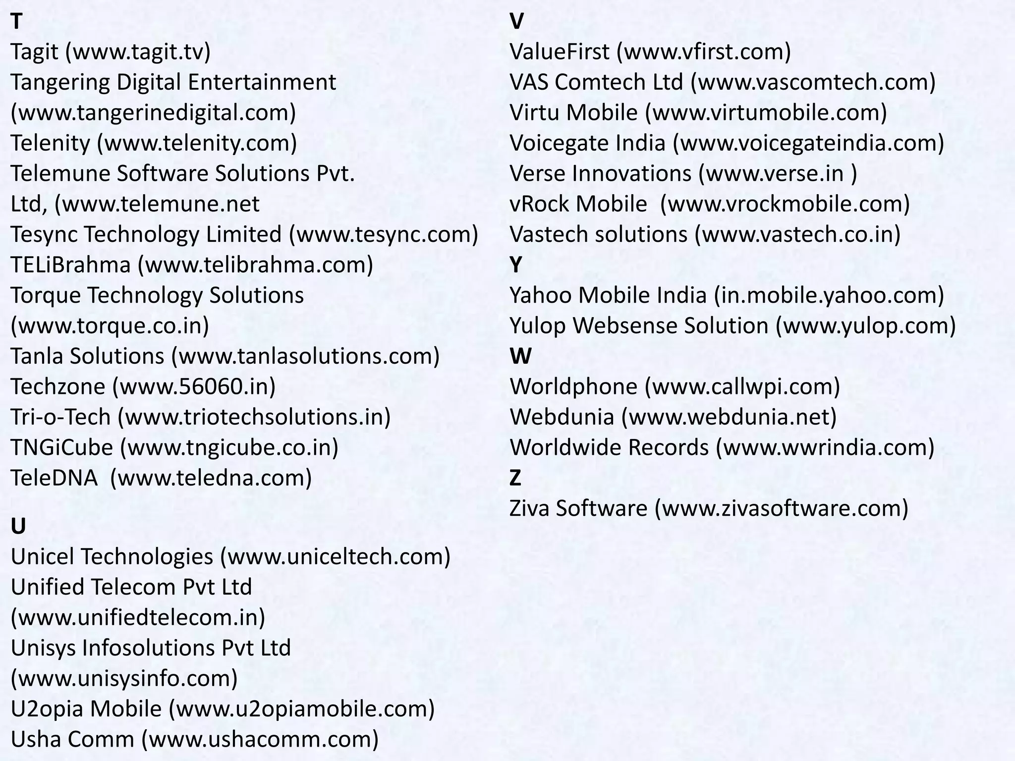 T                                            V
Tagit (www.tagit.tv)                         ValueFirst (www.vfirst.com)
Tangering Digital Entertainment              VAS Comtech Ltd (www.vascomtech.com)
(www.tangerinedigital.com)                   Virtu Mobile (www.virtumobile.com)
Telenity (www.telenity.com)                  Voicegate India (www.voicegateindia.com)
Telemune Software Solutions Pvt.             Verse Innovations (www.verse.in )
Ltd, (www.telemune.net                       vRock Mobile (www.vrockmobile.com)
Tesync Technology Limited (www.tesync.com)   Vastech solutions (www.vastech.co.in)
TELiBrahma (www.telibrahma.com)              Y
Torque Technology Solutions                  Yahoo Mobile India (in.mobile.yahoo.com)
(www.torque.co.in)                           Yulop Websense Solution (www.yulop.com)
Tanla Solutions (www.tanlasolutions.com)     W
Techzone (www.56060.in)                      Worldphone (www.callwpi.com)
Tri-o-Tech (www.triotechsolutions.in)        Webdunia (www.webdunia.net)
TNGiCube (www.tngicube.co.in)                Worldwide Records (www.wwrindia.com)
TeleDNA (www.teledna.com)                    Z
                                             Ziva Software (www.zivasoftware.com)
U
Unicel Technologies (www.uniceltech.com)
Unified Telecom Pvt Ltd
(www.unifiedtelecom.in)
Unisys Infosolutions Pvt Ltd
(www.unisysinfo.com)
U2opia Mobile (www.u2opiamobile.com)
Usha Comm (www.ushacomm.com)
 