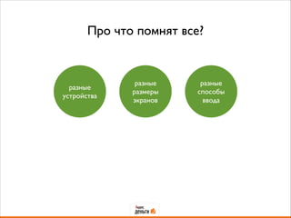 разные
устройства
Про что помнят все?
разные
размеры
экранов
разные
способы 	

ввода
 