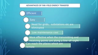ADVANTAGES OF FAR-FIELD ENERGY TRANSFER
Efficient
Easy
Need for grids, substations etc are
eliminated
Low maintenance cost
More effective when the transmitting and
receiving points are along a line-of-sight
Can reach the places which are
remote 33
 