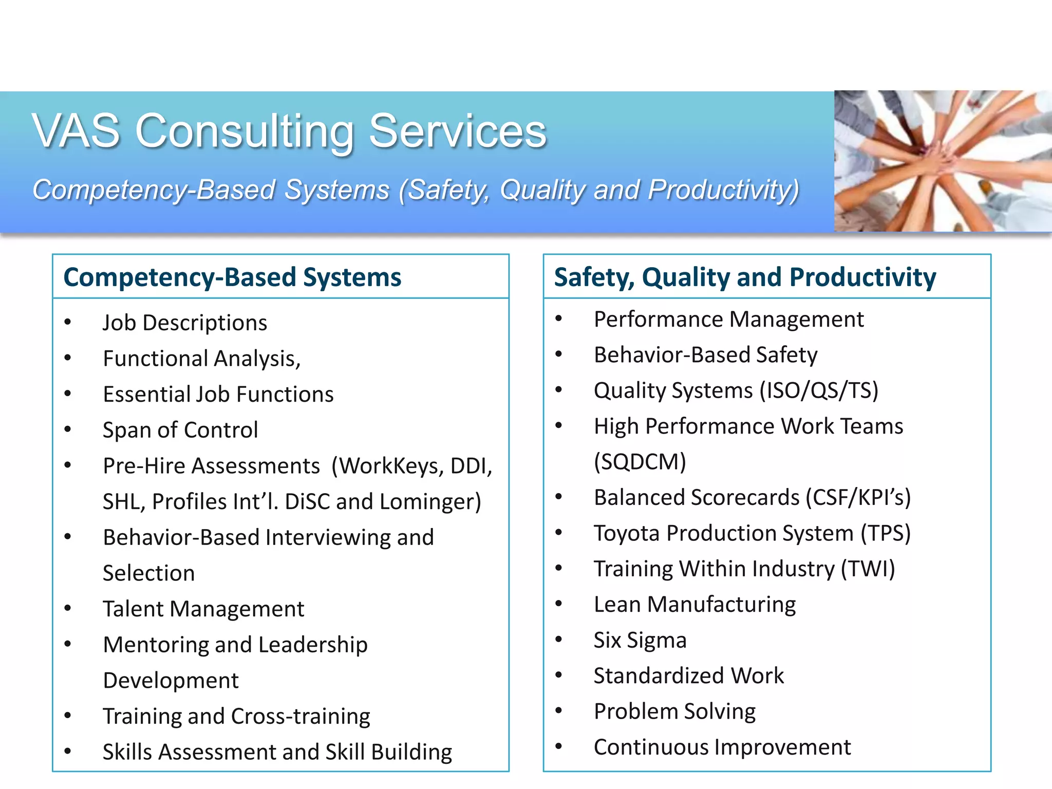 VAS Consulting Services
Competency-Based Systems (Safety, Quality and Productivity)


  Competency-Based Systems                      Safety, Quality and Productivity
  •   Job Descriptions                          •   Performance Management
  •   Functional Analysis,                      •   Behavior-Based Safety
  •   Essential Job Functions                   •   Quality Systems (ISO/QS/TS)
  •   Span of Control                           •   High Performance Work Teams
  •   Pre-Hire Assessments (WorkKeys, DDI,          (SQDCM)
      SHL, Profiles Int’l. DiSC and Lominger)   •   Balanced Scorecards (CSF/KPI’s)
  •   Behavior-Based Interviewing and           •   Toyota Production System (TPS)
      Selection                                 •   Training Within Industry (TWI)
  •   Talent Management                         •   Lean Manufacturing
  •   Mentoring and Leadership                  •   Six Sigma
      Development                               •   Standardized Work
  •   Training and Cross-training               •   Problem Solving
  •   Skills Assessment and Skill Building      •   Continuous Improvement
 