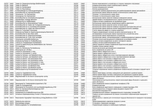 02707 0A93 Taster fur Gegensprechanlage Beifahrerseite 02707 0A93 Кнопка переговорного устройства со стороны переднего пассажира
02708 0A94 Taster fur Blaulicht 02708 0A94 Клавиша включения синего проблескового маячка
02709 0A95 Taster fur Sondersignal 02709 0A95 Кнопка специального сигнала
02710 0A96 Taster fur Rauchabzug 02710 0A96 Кнопка дымоудаления
02711 0A97 Funkempfanger fur Fahrzeugentriegelung 02711 0A97 Устройство приема радиосигнала для разблокирования замков автомобиля
02712 0A98 Kontrollleuchte fur Dachzeichentaster 02712 0A98 Контрольная лампа нажатия кнопки отличительного знака такси
02713 0A99 Versorgung 1 fur Dachzeichen 02713 0A99 Питание 1 отличительного знака такси
02714 0A9A Versorgung 2 fur Dachzeichen 02714 0A9A Питание 2 отличительного знака такси
02715 0A9B Kontrollleuchte fur Innenbeleuchtungstaster 02715 0A9B Контрольная лампа нажатия клавиши освещения салона
02716 0A9C Signalanlage Tonfolge aktivieren 02716 0A9C Задействовать последовательность звуков сигнальной системы
02717 0A9D Ansteuerung fur Waffenkasten 02717 0A9D Подача сигнала управления на оружейный ящик
02718 0A9E Kontrollleuchte fur Motorweiterlauf-Taster 02718 0A9E Контрольная лампа кнопки продолжения работы двигателя
02719 0A9F Kontrollleuchte fur Taster der Funkgerateversorgung 02719 0A9F Контрольная лампа нажатия кнопки питания рации
02720 0AA0 Kontrollleuchte fur Fu.raumbeleuchtungstaster 02720 0AA0 Контрольная лампа нажатия клавиши подсветки пространства для ног
02721 0AA1 Kontrollleuchte fur Taster des Warnsummers 02721 0AA1 Контрольная лампа нажатия кнопки предупредительного зуммера
02722 0AA2 Status fur Turkontakt Fahrerseite 02722 0AA2 Статус закрытия двери со стороны водителя
02723 0AA3 Ansteuerung Relais fur Spannungsversorgung Klemme 50 02723 0AA3 Подача управляющего сигнала на реле электропитания кл. 50
02724 0AA4 Kontrollleuchte fur Bus-Slave aktiv 02724 0AA4 Активирована контрольная лампа подчиненного устройства шины
02725 0AA5 Kontrollleuchte fur Gegensprechanlage 02725 0AA5 Контрольная лампа переговорного устройства
02726 0AA6 Kontrollleuchte fur Turen nicht verriegelt 02726 0AA6 Контрольная лампа, сигнализирующая о незаблокированных дверных замках
02727 0AA7 Versorgung Lenkradfernbedienung 02727 0AA7 Питание пульта дистанционного управления на рулевом колесе
02728 0AA8 Ansteuerung Relais fur Kraftstoffpumpe 02728 0AA8 Подача сигнала управления на реле топливного насоса
02729 0AA9 Leitung fur Freigabesignal Schiebedach 02729 0AA9 Провод сигнала разблокирования люка
02730 0AAA Lampe fur Beleuchtung des Bedientasters der Fahrertur 02730 0AAA Лампа подсветки клавиш управления водительской двери
02731 0AAB CD-Lesefehler 02731 0AAB Ошибка чтения компакт-диска
02732 0AAC Taster fur Aktivierung Fernbedienung 02732 0AAC Кнопка включения дистанционного управления
02733 0AAD Steuergerat am LIN-Bus 02733 0AAD Блок управления на шине LIN
02734 0AAE Lampe fur Schlusslicht 3, links 02734 0AAE Лампа левого габаритного огня 3
02735 0AAF Lampe fur Schlusslicht 3, rechts 02735 0AAF Лампа правого габаритного огня 3
02736 0AB0 Lampe fur Schluss- und Nebellicht links 02736 0AB0 Лампа левого габаритного огня и противотуманного фонаря
02737 0AB1 Lampe fur Schluss- und Nebellicht rechts 02737 0AB1 Лампа правого габаритного огня и противотуманного фонаря
02738 0AB2 Lampe fur Brems- und Schlusslicht links 02738 0AB2 Лампа левого стоп-сигнала и габаритного огня
02739 0AB3 Lampe fur Brems- und Schlusslicht rechts 02739 0AB3 Лампа правого стоп-сигнала и габаритного огня
02740 0AB4 Lampe fur Brems- und Schlusslicht 2, links 02740 0AB4 Лампа левого стоп-сигнала и габаритного огня 2
02741 0AB5 Lampe fur Brems- und Schlusslicht 2, rechts 02741 0AB5 Лампа правого стоп-сигнала и габаритного огня 2
02742 0AB6 Lampe fur Brems- und Blinklicht links 02742 0AB6 Лампа левого стоп-сигнала и указателя поворота
02743 0AB7 Lampe fur Brems- und Blinklicht rechts 02743 0AB7 Лампа правого стоп-сигнала и указателя поворота
02744 0AB8 Referenzspannung Klimabedienteil hinten 02744 0AB8 Опорное напряжение панели управления климатической установки в задней части
салона
02745 0AB9 Lampe fur Tagesfahrlicht links 02745 0AB9 Лампа левой фары системы освещения для движения в дневное время
02746 0ABA Lampe fur Tagesfahrlicht rechts 02746 0ABA Лампа правой фары системы освещения для движения в дневное время
02747 0ABB Magnetschalter fur Bi-Xenon-Scheinwerfer rechts 02747 0ABB Электромагнитный выключатель правой ксеноновой фары ближнего и дальнего
света (Bi-Xenon)
02748 0ABC Magnetschalter fur Bi-Xenon-Scheinwerfer links 02748 0ABC Электромагнитный выключатель левой ксеноновой фары ближнего и дальнего
света (Bi-Xenon)
02749 0ABD Steuergerat fur Telefonbedienungseinheit-J738 02749 0ABD Блок управления панели управления телефона-J738
02750 0ABE Taster fur Anzeigeeinheit 02750 0ABE Клавиша дисплея
02751 0ABF Steuergerat fur Kurvenlicht und Leuchtweitenregulierung-J745 02751 0ABF Блок управления адаптивного освещения и корректора фар-J745
02752 0AC0 Motor fur Handschuhfachentriegelung-V327 02752 0AC0 Электродвигатель отпирания замка вещевого ящика-V327
02753 0AC1 Innenmikrofon-R74 02753 0AC1 Внутренний микрофон-R74
02754 0AC2 Heizelement fur Kraftstoffvorwarmung-Z66 02754 0AC2 Нагревательный элемент предварительного подогрева топлива-Z66
02755 0AC3 Schaltvent.Stabilisatorentkop.Vorder-u.Hinterachse ansteuern 02755 0AC3 Подача сигнала управления на клапан отключения стабилизаторов передней и
задней оси
02756 0AC4 Redundanter Signalpfad f.Abschaltung Airbag,Beifahrers.-E224 02756 0AC4 Выключатель с замком для отключения подушки безопасности переднего пассажира-
E224
02757 0AC5 Reifendrucke anlernen 02757 0AC5 Запрограммировать давление воздуха в шинах
02758 0AC6 Bremsbelage anlegen 02758 0AC6 Установить тормозные накладки
02759 0AC7 Bedienungstaster fur Schalttafeleinsatz 02759 0AC7 Управляющие клавиши в комбинации приборов
 