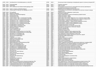 02760 0AC8 Kontrollleuchte fur Kuhlmitteltemperatur (zu kalt)-K43 02760 0AC8 Контрольная лампа температуры охлаждающей жидкости (слишком холодная)-K43
02761 0AC9 Leistungsanzeige 02761 0AC9 Указатель мощности
02762 0ACA Systemreset 02762 0ACA Сброс системы
02763 0ACB Poti fur Stellmotor des indirekten Beluftungsklappe-G330 02763 0ACB Потенциометр исполнительного электродвигателя заслонки равномерного
распределения воздушных потоков-G330
02764 0ACC Taster fur Zugang und Startberechtigung 02764 0ACC Клавиша доступа и разрешения пуска двигателя
02765 0ACD Potenziometer fur Stellmotor der Kaltklappe vorn-G315 02765 0ACD Потенциометр исполнительного электродвигателя заслонки холодного воздуха,
передний-G315
02766 0ACE CD-Zugriffszeit 02766 0ACE Продолжительность обращения к компат-диску
02767 0ACF Kalibrierung aktivieren 02767 0ACF Включение калибровки
02768 0AD0 Ansteuerung Lenksaulenverriegelung 02768 0AD0 Подача управляющего сигнала на блокиратор рулевой колонки
02769 0AD1 Schwenkmodul links 02769 0AD1 Поворотный модуль, левый
02770 0AD2 Schwenkmodul rechts 02770 0AD2 Поворотный модуль, правый
02771 0AD3 Lampe fur Brems-, Blink- und Schlusslicht links-M69 02771 0AD3 Лампа левого стоп-сигнала, габаритного огня и указателя поворота-M69
02772 0AD4 Lampe fur Brems-, Blink- und Schlusslicht rechts-M70 02772 0AD4 Лампа правого стоп-сигнала, габаритного огня и указателя поворота-M70
02773 0AD5 Versorgung fur Funk 1, Ansteuerung nach Plus 02773 0AD5 Питание рации 1, подача сигнала управления на плюс
02774 0AD6 Versorgung fur Funk 1, Ansteuerung nach Masse 02774 0AD6 Питание радиоприемника 1, подача сигнала управления на массу
02775 0AD7 Versorgung fur Funk 2, Ansteuerung nach Plus 02775 0AD7 Питание рации 2, подача сигнала управления на плюс
02776 0AD8 Versorgung fur Funk 2, Ansteuerung nach Masse 02776 0AD8 Питание рации 2, подача сигнала управления на массу
02777 0AD9 Kontaktschalter am Handrad-F354 02777 0AD9 Концевой выключатель в ручке-F354
02778 0ADA Kontaktschalter am Sperrbolzen-F355 02778 0ADA Концевой выключатель на стопорном пальце-F355
02779 0ADB Datenbus Elektrische Parkbremse 02779 0ADB Шина данных электрического стояночного тормоза
02780 0ADC EDS-System aktiviert 02780 0ADC Включена система EDS
02781 0ADD Taster fur ASR/ESP-E256 02781 0ADD Клавиша ASR/ESP-Е256
02783 0ADF Interner GPS Empfanger 02783 0ADF Внутренний приемник GPS
02784 0AE0 Potenziometer fur Mannanstromer vorn links-G387 02784 0AE0 Потенциометр переднего левого дефлектора-G387
02785 0AE1 Potenziometer fur Mannanstromer vorn rechts-G388 02785 0AE1 Потенциометр переднего правого дефлектора-G388
02786 0AE2 Steuergerat 2 fur Heckklappe-J756 02786 0AE2 Блок управления 2 крышки багажного отсека-J756
02787 0AE3 Warnsummer fur Einparkhilfe hinten 02787 0AE3 Предупреждающий зуммер парковочного ассистента, задний
02788 0AE4 Interner Kommunikationsfehler 02788 0AE4 Внутренняя ошибка коммуникации
02789 0AE5 Privathorer 02789 0AE5 Личная трубка
02790 0AE6 Ladespannung fur Telefon 02790 0AE6 Зарядное напряжение телефона
02791 0AE7 Halterung fur Handyhalter-R126 02791 0AE7 Держатель телефона-R126
02792 0AE8 Bluetoothgerate suchen 02792 0AE8 Найти устройство Bluetooth
02793 0AE9 Bluetoothgerat verbinden 02793 0AE9 Подключить устройство Bluetooth
02794 0AEA Bedienungseinheit fur Handyvorbereitung-E508 02794 0AEA Панель управления комплекта для подключения мобильного телефона-E508
02795 0AEB Motor fur Lenkradvibration-V331 02795 0AEB Электродвигатель для создания вибрации на рулевом колесе-V331
02796 0AEC Taster fur Spurhalteassistent-E517 02796 0AEC Клавиша включения ассистента движения по полосе-E517
02797 0AED Steuergerat fur Spurhalteassistent-J759 02797 0AED Блок управления ассистента движения по полосе-J759
02798 0AEE Kontrollleuchte fur Volllastbetrieb-K228 02798 0AEE Контрольная лампа режима полной нагрузки-K228
02799 0AEF Kontrollleuchte fur Teilllastbetrieb-K229 02799 0AEF Контрольная лампа режима частичной нагрузки-K229
02800 0AF0 Warnleuchte fur Reifendruckkontrolle-K230 02800 0AF0 Контрольная лампа контроля давления воздуха в шинах-K230
02801 0AF1 harte Warnung 1 02801 0AF1 жесткое предупреждение 1
02802 0AF2 Rucknahme der harten Warnung 02802 0AF2 Отмена жесткого предупреждения
02803 0AF3 weiche Warnung 02803 0AF3 мягкое предупреждение
02804 0AF4 Rucknahme der weichen Warnung 02804 0AF4 Отмена мягкого предупреждения
02805 0AF5 Systemstorung 02805 0AF5 Системный сбой
02806 0AF6 Rucknahme der Systemstorung 02806 0AF6 Отмена предупреждения о системном сбое
02807 0AF7 Funkstorung 02807 0AF7 Радиопомехи
02808 0AF8 Rucknahme der Funkstorung 02808 0AF8 Отмена предупреждения о радиопомехах
02809 0AF9 Volllastbetrieb gewahlt 02809 0AF9 Выбран режим полной нагрузки
02810 0AFA Teilllastbetrieb gewahlt 02810 0AFA Выбран режим частичной нагрузки
02811 0AFB Steuergerat f.ELV(elektronische Lenksaulenverriegelung)-J764 02811 0AFB Блок управления ELV (электронной блокирования рулевой колонки)-J764
02812 0AFC Elektr.Lenksaulenverriegelung Versorgungsspannung,Kl.30 02812 0AFC Напряжение питания в системе блокирования рулевой колонки, кл.30
02813 0AFD Funktionseinschrankung der ELV durch Unterspannung 02813 0AFD Ограничение работы ELV вследствие слишком низкого напряжения
02814 0AFE Funktionseinschrankung der ELV durch Uberspannung 02814 0AFE Ограничение работы ELV вследствие слишком высокого напряжения
02815 0AFF ELV Versorgungsspannung fur Verriegelungsmotor 02815 0AFF Напряжение питания электродвигателя системы блокирования рулевой колонки
 