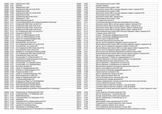 00262 0106 Magnetventil 3-N90 00262 0106 Электромагнитный клапан 3-N90
00263 0107 Getriebe 00263 0107 Коробка передач
00264 0108 Magnetventil 4-N91 00264 0108 Электромагнитный клапан 4-N91
00265 0109 Auslassventil ABS vorn links-N102 00265 0109 Выпускной клапан ABS в контуре переднего левого тормоза-N102
00266 010A Magnetventil 5-N92 00266 010A Электромагнитный клапан 5-N92
00267 010B Auslassventil ABS vorn rechts-N100 00267 010B Выпускной клапан ABS в контуре переднего правого тормоза-N100
00268 010C Magnetventil 6-N93 00268 010C Электромагнитный клапан 6-N93
00269 010D Auslassventil ABS hinten-N104 00269 010D Выпускной клапан ABS, задний-N104
00270 010E Magnetventil 7-N94 00270 010E Электромагнитный клапан 7-N94
00271 010F siehe Reparaturgruppe 01 00271 010F См. ремонтную группу 01
00272 0110 Funktionsabschaltung durch elektromagnetische Storungen 00272 0110 Отключение функции вследствие электромагнитных помех
00273 0111 Einlassventil ABS hinten rechts-N133 00273 0111 Впускной клапан ABS в контуре заднего правого тормоза-N133
00274 0112 Einlassventil ABS hinten links-N134 00274 0112 Впускной клапан ABS в контуре заднего левого тормоза-N134
00275 0113 Auslassventil ABS hinten rechts-N135 00275 0113 Выпускной клапан ABS в контуре заднего правого тормоза-N135
00276 0114 Auslassventil ABS hinten links-N136 00276 0114 Выпускной клапан ABS в контуре заднего левого тормоза-N136
00277 0115 Ein-/Auslassventil ABS vorn links-N137 00277 0115 Впускной/выпускной клапан ABS в контуре переднего левого тормоза-N137
00278 0116 Hauptventil ABS-N105 00278 0116 Главный клапан ABS-N105
00279 0117 Ventil 1 fur Differentialsperre-N125 00279 0117 Клапан 1 блокировки дифференциала-N125
00280 0118 Ventil 2 fur Differentialsperre-N126 00280 0118 Клапан 2 блокировки дифференциала-N126
00281 0119 Geber fur Fahrgeschwindigkeit-G68 00281 0119 Датчик скорости движения-G68
00282 011A Drosselklappensteller-V60 00282 011A Регулятор дроссельной заслонки-V60
00283 011B Drehzahlfuhler vorn links-G47 00283 011B Датчик частоты вращения переднего левого колеса-G47
00284 011C Ein-/Auslassventil ABS vorn rechts-N138 00284 011C Впускной/выпускной клапан ABS в контуре переднего правого тормоза-N138
00285 011D Drehzahlfuhler vorn rechts-G45 00285 011D Датчик частоты вращения переднего правого колеса-G45
00286 011E Ein-/Auslassventil ABS hinten links-N139 00286 011E Впускной/выпускной клапан ABS в контуре заднего левого тормоза-N139
00287 011F Drehzahlfuhler hinten rechts-G44 00287 011F Датчик частоты вращения заднего правого колеса-G44
00288 0120 Stellglied fur Lenksaulenverriegelung-N360 00288 0120 Исполнительный механизм блокировки рулевой колонки-N360
00289 0121 Ein-/Auslassventil ABS hinten rechts-N140 00289 0121 Впускной/выпускной клапан ABS в контуре заднего правого тормоза-N140
00290 0122 Drehzahlfuhler hinten links-G46 00290 0122 Датчик частоты вращения заднего левого колеса-G46
00291 0123 Druckschalter-F116/Warnkontakt-F117 00291 0123 Датчик давления-F116/Датчик предупреждения-F117
00292 0124 Hydraulische Energieversorgung Druckniveau 00292 0124 Уровень давления в системе подачи жидкости под давлением
00293 0125 Multifunktionsschalter-F125 00293 0125 Многофункциональный переключатель-F125
00294 0126 Druckschalter 1 fur Getriebezustand 00294 0126 Датчик давления 1 определения состояния КП
00295 0127 Druckschalter 2 fur Getriebezustand 00295 0127 Датчик давления 2 определения состояния КП
00296 0128 Kick-down-Schalter-F8 00296 0128 Выключатель режима интенсивного разгона (Kick-Down)-F8
00297 0129 Geber fur Getriebedrehzahl-G38 00297 0129 Датчик числа оборотов вала КП-G38
00298 012A Schalter fur Differentialsperre-E121 00298 012A Выключатель блокировки дифференциала-E121
00299 012B Programmschalter-E122 00299 012B Переключатель программ-E122
00300 012C Geber fur Getriebeoltemperatur-G93 00300 012C Датчик температуры масла в КП-G93
00301 012D Ruckforderpumpe fur ABS-V39 00301 012D Насос обратной подачи ABS-V39
00302 012E Relais fur Magnetventile ABS-J106 00302 012E Реле электромагнитных клапанов ABS-J106
00303 012F Funktionswahlschalter-E91 00303 012F Переключатель выбора функций-E91
00304 0130 Ansteuerung Regler fur Frischluftgeblase 00304 0130 Подача управляющего сигнала на регулятор приточного вентилятора
00305 0131 Kraftstoffverbrauchsanzeige-Signal 00305 0131 Сигнал указателя расхода топлива
00306 0132 Sekundarluftsystem Zylinder-Reihe 1 00306 0132 Система подачи вторичного воздуха, 1 ряд цилиндров
00307 0133 Sekundarluftsystem Zylinder-Reihe 2 00307 0133 Система подачи вторичного воздуха, 2 ряд цилиндров
00308 0134 Versorgungsspannung Motoren Schiebedach/Rolo Schiebedach 00308 0134 Напряжение питания двигателей сдвижного люка в крыше / шторки сдвижного люка
в крыше
00309 0135 Dosierpumpe fur Reinigungsmittel-V135 00309 0135 Насос-дозатор чистящего средства-V135
00310 0136 Temperaturfuhler 1 fur Katalysator-G20 00310 0136 Датчик температуры 1 катализатора-G20
00311 0137 Reifenfullanschluss 00311 0137 Штуцер подключения шланга для накачки шин
00312 0138 Temperaturfuhler 2 fur Katalysator-G132 00312 0138 Датчик температуры 2 катализатора-G132
00313 0139 Katalysator 00313 0139 Катализатор
00314 013A Zweiwegeventil fur Abgasruckfuhrung-N161 00314 013A Двухходовой клапан рециркуляции ОГ-N161
00315 013B Verbindung zum Rolo fur Schiebedach 00315 013B Соединение со шторкой сдвижного люка в крыше
00316 013C Lampen fur Heckbeleuchtung 00316 013C Лампы подсветки задней части салона
00317 013D Steuergerat fur Heckklappe-J605 00317 013D Блок управления крышки багажного отсека-J605
00318 013E Versorgungsspannung fur Steuergerat fur Heckklappe 00318 013E Напряжение питания на блоке управления крышки багажного отсека
 