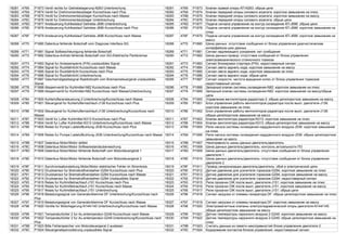 18281 4769 P1873 Ventil rechts fur Getriebelagerung-N263 Unterbrechung 18281 4769 P1873 Клапан правой опоры КП-N263: обрыв цепи
18282 476A P1874 Ventil fur Drehmomentstutzlager Kurzschluss nach Plus 18282 476A P1874 Клапан передней опоры силового агрегата: короткое замыкание на плюс
18283 476B P1875 Ventil fur Drehmomentstutzlager Kurzschluss nach Masse 18283 476B P1875 Клапан передней опоры силового агрегата: короткое замыкание на массу
18284 476C P1876 Ventil fur Drehmomentstutzlager Unterbrechung 18284 476C P1876 Клапан передней опоры силового агрегата: обрыв цепи
18285 476D P1877 Ansteuerung Kuhlkeislauf Getriebe-J696 Unterbrechung 18285 476D P1877 Подача сигнала управления на контур охлаждения КП-J696: обрыв цепи
18286 476E P1878 Ansteuerung Kuhlkeislauf Getriebe-J696 Kurzschluss nach Plus 18286 476E P1878 Подача сигнала управления на контур охлаждения КП-J696: короткое замыкание на
плюс
18287 476F P1879 Ansteuerung Kuhlkeislauf Getriebe-J696 Kurzschluss nach Masse 18287 476F P1879 Подача сигнала управления на контур охлаждения КП-J696: короткое замыкание на
массу
18288 4770 P1880 Datenbus fehlende Botschaft vom Diagnose Interface-SG 18288 4770 P1880 Шина данных: отсутствие сообщения от блока управления диагностическим
интерфейсом шин данных
18289 4771 P1881 Signal Sollbeschleunigung fehlende Botschaft 18289 4771 P1881 Сигнал надлежащего ускорения: нет сообщения
18290 4772 P1882 Datenbus-Antrieb fehlende Botschaft vom SG-Elektrische Parkbremse 18290 4772 P1882 Шина данных-привод: отсутствие сообщений от блока управления
электромеханического стояночного тормоза
18291 4773 P1883 Signal fur Anlassersperre (P/N) unplausibles Signal 18291 4773 P1883 Сигнал блокировки стартера (P/N): недостоверный сигнал
18292 4774 P1884 Signal fur Ruckfahrlicht Kurzschluss nach Masse 18292 4774 P1884 Сигнал света заднего хода: короткое замыкание на массу
18293 4775 P1885 Signal fur Ruckfahrlicht Kurzschluss nach Plus 18293 4775 P1885 Сигнал света заднего хода: короткое замыкание на плюс
18294 4776 P1886 Signal fur Ruckfahrlicht Unterbrechung 18294 4776 P1886 Сигнал света заднего хода: обрыв цепи
18295 4777 P1887 Geschwindigkeitssignal Raddrehzahl vom Bremsensteuergerat unplausibles
Signal
18295 4777 P1887 Сигнал скорости: частота вращения колес от блока управления тормозов:
недостоверный сигнал
18296 4778 P1888 Absperrventil fur Kuhlmittel-N82 Kurzschluss nach Plus 18296 4778 P1888 Запорный клапан системы охлаждения-N82: короткое замыкание на плюс
18297 4779 P1889 Absperrventil fur Kuhlmittel-N82 Kurzschluss nach Masse/Unterbrechung 18297 4779 P1889 Запорный клапан системы охлаждения-N82: короткое замыкание на массу/обрыв
цепи
18308 4784 P1900 Kuhlerlufteransteuerung 2 Unterbrechung/Kurzschluss nach Masse 18308 4784 P1900 Управление вентилятором радиатора 2: обрыв цепи/короткое замыкание на массу
18309 4785 P1901 Steuergerat fur Kuhlerlufternachlauf-J138 Kurzschluss nach Plus 18309 4785 P1901 Блок управления работы вентиляторов радиатора после выкл. двигателя-J138:
короткое замыкание на плюс
18310 4786 P1902 Steuergerat fur Kuhlerlufternachlauf-J138 Unterbrechung/Kurzschluss nach
Masse
18310 4786 P1902 Блок управления работы вентиляторов радиатора после выкл. двигателя-J138:
обрыв цепи/короткое замыкание на массу
18311 4787 P1903 Ventil fur Lufter Kuhlmittel-N313 Kurzschluss nach Plus 18311 4787 P1903 Клапан вентилятора радиатора-N313: короткое замыкание на плюс
18312 4788 P1904 Ventil fur Lufter Kuhlmittel-N313 Unterbrechung/Kurzschluss nach Masse 18312 4788 P1904 Клапан вентилятора радиатора-N313: обрыв цепи/короткое замыкание на массу
18313 4789 P1905 Relais fur Pumpe Ladeluftkuhlung-J536 Kurzschluss nach Plus 18313 4789 P1905 Реле насоса системы охлаждения наддувочного воздуха-J536: короткое замыкание
на плюс
18314 478A P1906 Relais fur Pumpe Ladeluftkuhlung-J536 Unterbrechung/Kurzschluss nach Masse 18314 478A P1906 Реле насоса системы охлаждения наддувочного воздуха-J536: обрыв цепи/короткое
замыкание на массу
18315 478B P1907 Datenbus Motor/Motor defekt 18315 478B P1907 Неисправность шины данных двигатель/двигатель
18316 478C P1908 Datenbus Motor/Motor Softwarestandsuberwachung 18316 478C P1908 Шина данных двигатель/двигатель: контроль актуальности ПО
18317 478D P1909 Datenbus Motor/Motor fehlende Botschaft vom Motorsteuergerat 1 18317 478D P1909 Шина данных двигатель/двигатель: отсутствие сообщения от блока управления
двигателя 1
18318 478E P1910 Datenbus Motor/Motor fehlende Botschaft vom Motorsteuergerat 2 18318 478E P1910 Шина данных двигатель/двигатель: отсутствие сообщения от блока управления
двигателя 2
18319 478F P1911 Synchronisationsleitung Motor/Motor elektrischer Fehler im Stromkreis 18319 478F P1911 Провод синхронизации двигатель/двигатель: сбой в электрической цепи
18320 4790 P1912 Drucksensor fur Bremskraftverstarker-G294 Kurzschluss nach Plus 18320 4790 P1912 Датчик давления для усилителя тормозов-G294, короткое замыкание на плюс
18321 4791 P1913 Drucksensor fur Bremskraftverstarker-G294 Kurzschluss nach Masse 18321 4791 P1913 Датчик давления для усилителя тормозов-G294, короткое замыкание на массу
18322 4792 P1914 Drucksensor fur Bremskraftverstarker-G294 Unplausibles Signal 18322 4792 P1914 Датчик давления для усилителя тормозов-G294: недостоверный сигнал
18323 4793 P1915 Relais fur Kuhlmittelnachlauf-J151 Kurzschluss nach Plus 18323 4793 P1915 Реле прокачки ОЖ после выкл. двигателя-J151: короткое замыкание на плюс
18324 4794 P1916 Relais fur Kuhlmittelnachlauf-J151 Kurzschluss nach Masse 18324 4794 P1916 Реле прокачки ОЖ после выкл. двигателя-J151: короткое замыкание на массу
18325 4795 P1917 Relais fur Kuhlmittelnachlauf-J151 Unterbrechung 18325 4795 P1917 Реле прокачки ОЖ после выкл. двигателя-J151: обрыв цепи
18326 4796 P1918 Belastungssignal von Generatorklemme DF Unterbrechung/Kurzschluss nach
Plus
18326 4796 P1918 Сигнал нагрузки от клеммы генератора DF: обрыв цепи/короткое замыкание на плюс
18327 4797 P1919 Belastungssignal von Generatorklemme DF Kurzschluss nach Masse 18327 4797 P1919 Сигнал нагрузки от клеммы генератора DF: короткое замыкание на массу
18328 4798 P1920 Ventile fur Motorlagerung-N144/145 Unterbrechung/Kurzschluss nach Masse 18328 4798 P1920 Электромагнитные клапаны электрогидравлической опоры двигателя-N144/145:
обрыв цепи/короткое замыкание на массу
18329 4799 P1921 Temperaturfuhler 2 fur Au.entemperatur-G249 Kurzschluss nach Masse 18329 4799 P1921 Датчик температуры наружного воздуха 2-G249: короткое замыкание на массу
18330 479A P1922 Temperaturfuhler 2 fur Au.entemperatur-G249 Unterbrechung/Kurzschluss nach
Plus
18330 479A P1922 Датчик температуры наружного воздуха 2-G249: обрыв цепи/короткое замыкание на
плюс
18331 479B P1923 Bitte Fehlerspeicher von Motorsteuergerat 2 auslesen 18331 479B P1923 Считать данные из памяти неисправностей блока управления двигателя 2
18332 479C P1924 Steuergeratepincodierung unplausibles Signal 18332 479C P1924 Кодирование контактов блоков управления: недостоверный сигнал
 