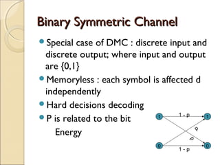 Binary Symmetric ChannelBinary Symmetric Channel
Special case of DMC : discrete input and
discrete output; where input and output
are {0,1}
Memoryless : each symbol is affected d
independently
Hard decisions decoding
P is related to the bit
Energy
1
00
11 - p
1 - p
p
p
 