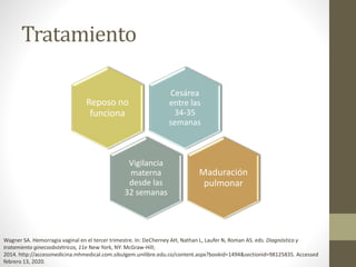 Tratamiento
Cesárea
entre las
34-35
semanas
Reposo no
funciona
Vigilancia
materna
desde las
32 semanas
Maduración
pulmonar
Wagner SA. Hemorragia vaginal en el tercer trimestre. In: DeCherney AH, Nathan L, Laufer N, Roman AS. eds. Diagnóstico y
tratamiento ginecoobstétricos, 11e New York, NY: McGraw-Hill;
2014. http://accessmedicina.mhmedical.com.sibulgem.unilibre.edu.co/content.aspx?bookid=1494&sectionid=98125835. Accessed
febrero 13, 2020.
 