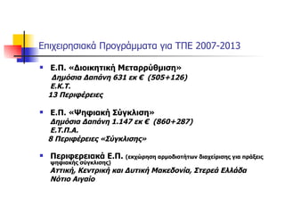 Επιχειρησιακά Προγράμματα για ΤΠΕ 2007-2013 Ε.Π. «Διοικητική Μεταρρύθμιση» Δημόσια Δαπάνη 631 εκ €  (505+126) Ε.Κ.Τ. 13 Περιφέρειες Ε.Π. «Ψηφιακή Σύγκλιση» Δημόσια Δαπάνη 1.147 εκ €  (860+287) Ε.Τ.Π.Α. 8 Περιφέρειες «Σύγκλισης» Περιφερειακά Ε.Π.  (εκχώρηση αρμοδιοτήτων διαχείρισης για πράξεις ψηφιακής σύγκλισης)  Αττική, Κεντρική και Δυτική Μακεδονία, Στερεά Ελλάδα Νότιο Αιγαίο  