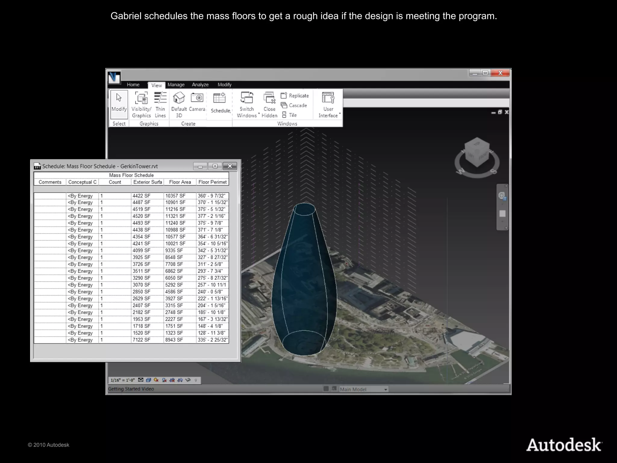 Gabriel schedules the mass floors to get a rough idea if the design is meeting the program.




© 2010 Autodesk
 