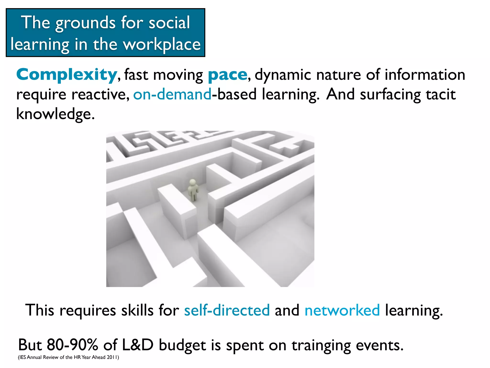 The grounds for social
learning in the workplace
Complexity, fast moving pace, dynamic nature of information
require reactive, on-demand-based learning. And surfacing tacit
knowledge.




    This requires skills for self-directed and networked learning.

 But 80-90% of L&D budget is spent on trainging events.
 (IES Annual Review of the HR Year Ahead 2011)
 