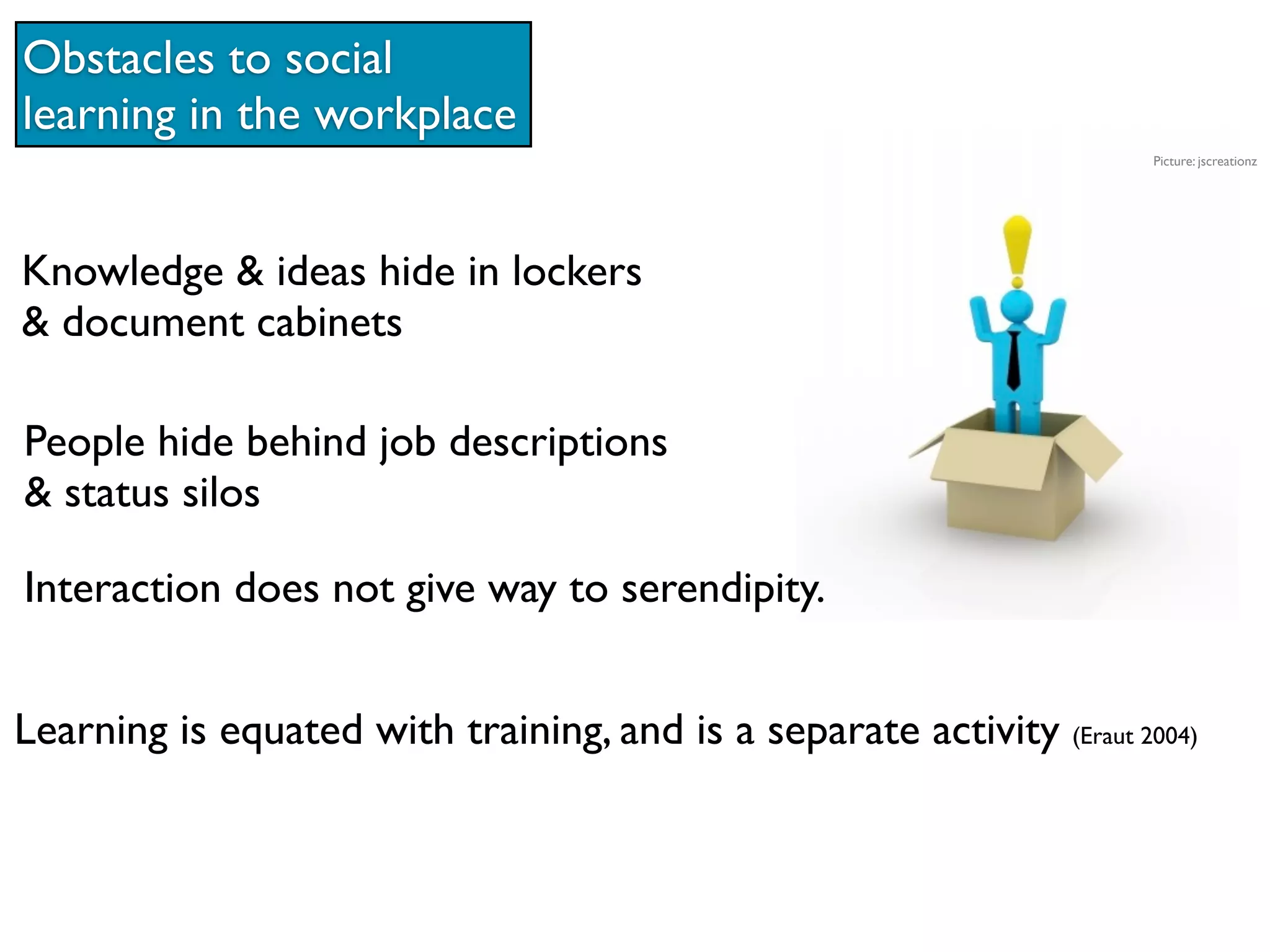 Obstacles to social
learning in the workplace
                                                                       Picture: jscreationz




Knowledge & ideas hide in lockers
& document cabinets

People hide behind job descriptions
& status silos

Interaction does not give way to serendipity.


Learning is equated with training, and is a separate activity (Eraut 2004)
 